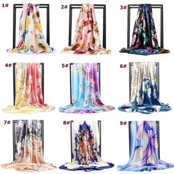90 Square Floral Satin Printed Silk Scarf Ladies Shawl Floral Tudung Bawal bidang 43